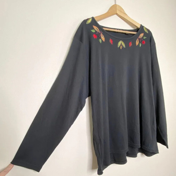Vintage Crystal Kobe Black Embellished Fall Leaves Tee Long Sleeve Plus Size 2X - Picture 5 of 10